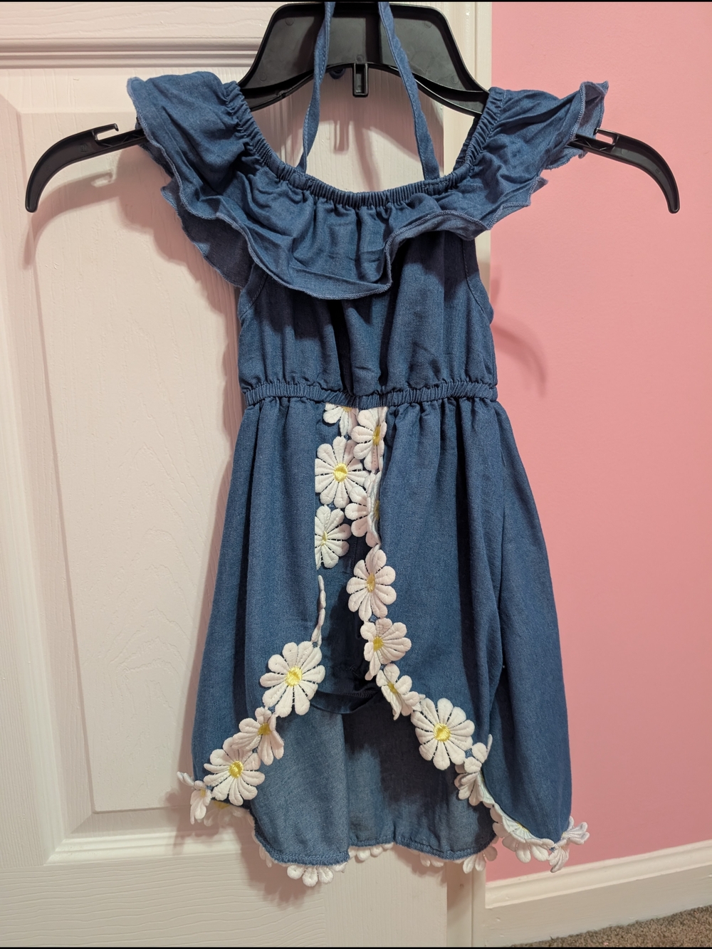 Girls Blue Denim-Look Daisy Trim Casual ROMPER